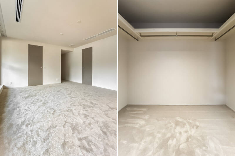 ふたつの扉を順に開けると、まず左手が大容量のウォークインクローゼット（WIC）。