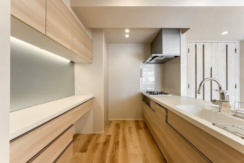 長さ2,574mmもあるロングサイズ。背面には収納カウンターが設けられ、食器から調理家電、ストック類までたっぷりしまえそうです。