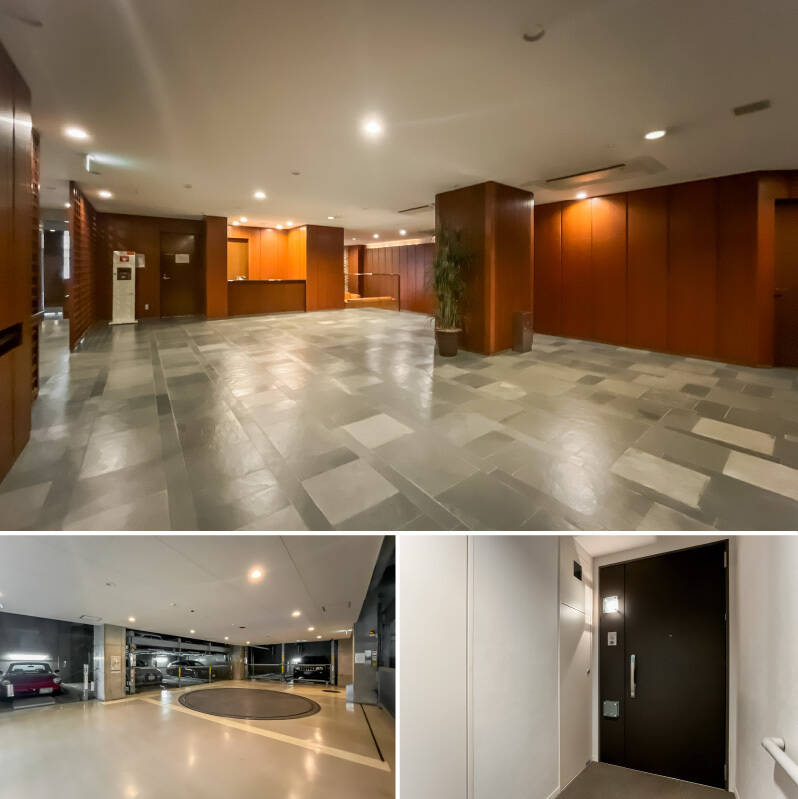 <b>上・</b>木目調で広々した共用ロビー。管理人さんは年末年始と祝日以外、毎日8-17時まで勤務されています。／<b>左下・</b>1階部分には機械式駐車場があり、2025年10月時点で空きあり。区画により月額27,000-37,000円で利用できます。／<b>右下・</b>エレベーターに乗り住戸のある4階へ。内廊下を進むと玄関前にはアルコーブが設けられ、プライバシーに配慮されています。