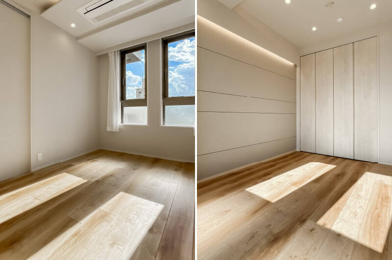 縦型の窓がふたつ並んだ可愛らしい居室。LDKと同じく南向きで日当たり良好です。