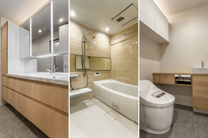 <b>左・</b>大型の洗面化粧台。奥に洗濯機置き場があります。／<b>中央・</b>1620サイズのユニットバス。／<b>右・</b>手洗いカウンター付きのトイレ。