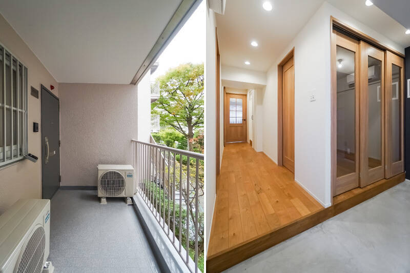 <b>左・</b>ご紹介の住戸の玄関扉は、共用廊下の突き当たりに。さっそくお邪魔します!/<b>右・</b>土間が広く、入った瞬間に開放感を感じます。振り返ると……