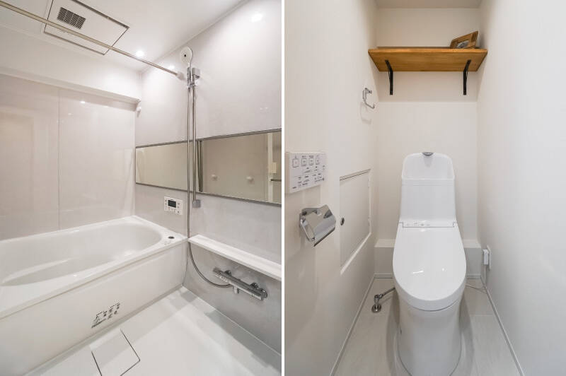 <b>左・</b>洗面室の隣には、1416サイズのバスルームが。浴室乾燥機完備です。/<b>右・</b>反対隣りにはトイレがあります。水まわりは比較的ぎゅっとコンパクトな印象です。