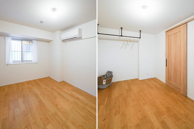 <b>左・</b>玄関すぐ横、住戸の北西側にある洋室B。約6.6帖の広さがあるので、ダブルベッドを置いても余裕がありそう。曇りガラスの窓は共用廊下に面しています。/<b>右・</b>収納はアイアンハンガーのみなので、家具の追加をイメージしておくのがいいかもしれません。