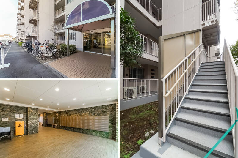 <b>左上・</b>最寄り駅から歩く場合は、駐車場側にあるこちらのサブエントランスを使うことが多くなりそう。/<b>左下・</b>渋いグリーンのタイルで装飾された共用ホール。/<b>右・</b>住戸の所在する2階へは階段でのアクセスとなります。1フロア分ではありますが、この点はあらかじめ心のご準備を。