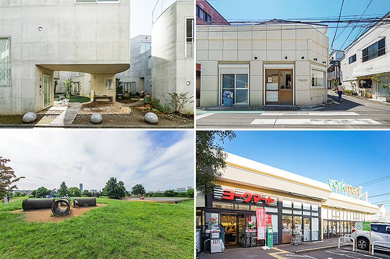 <b>左上・</b>「大倉山」って、結構気の利いた個人店が多いんです。例えば「pukutto(プクット)食堂」は、コワーキングスペース併設の隠れ家カフェ。(徒歩8分)/<b>右上・</b>「Toasty shop(トースティーショップ)」では、無添加&天然酵母使用のこだわり食パンをいただけます。日々のパン事情も安泰ですね◎(徒歩7分)/<b>左下・</b>物件周辺には家族で遊べる公園が点在しています。「太尾南公園」はちょと変わりダネで、建物屋上に造られた広大な空中庭園です。(徒歩7分)/<b>右下・</b>日々お世話になるスーパー「ヨークマート 大倉山店」も、ほぼ隣と言っていい距離に。この利便性は計り知れません!(徒歩2分)