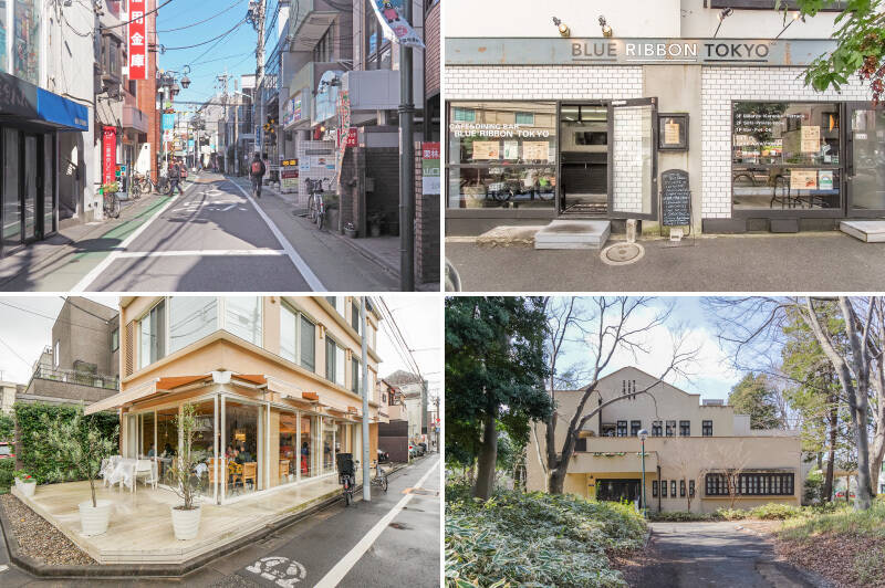 <b>左上・</b>最寄りは井の頭線の各駅停車駅「池ノ上」。アットホームな空気が流れています。（徒歩9分）／<b>右上・</b>クレープとガレットの専門店「BLUE RIBBON TOKYO」。見た目にも美しい一皿をぜひご堪能ください。（徒歩3分）／<b>左下・</b>北沢川緑道沿いにあるフレンチレストラン「vin sante（ヴァンサンテ）」。（徒歩9分）／<b>右下・</b>東京大学駒場キャンパスの中にあるフレンチレストラン「Lever son Verre（レヴェ・ソン・ヴェール）駒場」。敷地内はどなたでもお散歩可能です。（徒歩17分）