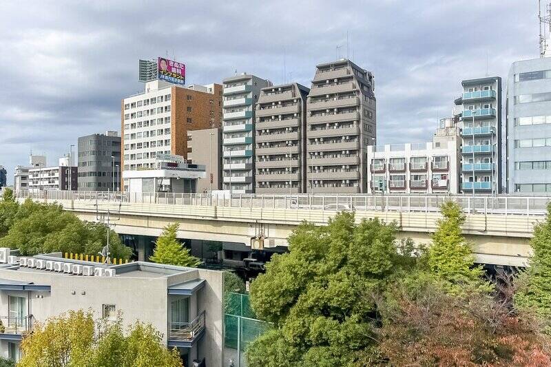 北西側の眺望。首都高速道路の手前には緑道の木々が気持ちよく見えます。
