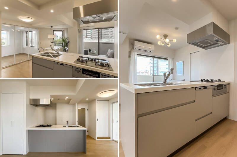 キッチンは3口コンロタイプで食洗機付き。背面には、冷蔵庫と並べてカップボードを置ける余白を確保しています。キッチンカウンターの左手には、リビング収納も用意。