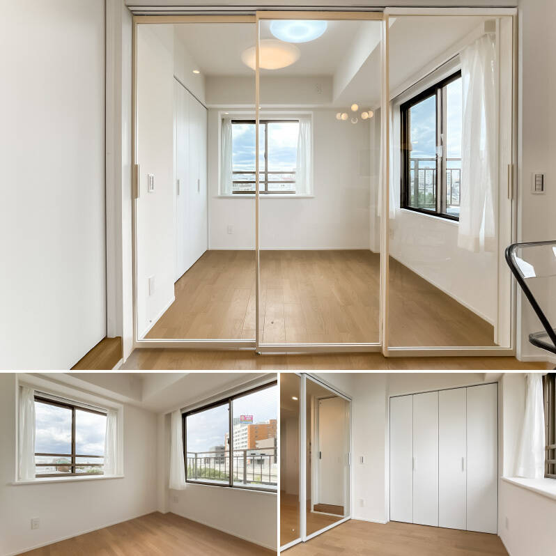 <p><b>上・</b>リビング側から洋室Aを見た様子。/<b>左下・</b>南西と北西の二面採光です。南西側は出窓になっていて、インテリアを並べたりとスペースを活用できそう。/<b>右下・</b>折れ戸タイプのクローゼット付き。</p>