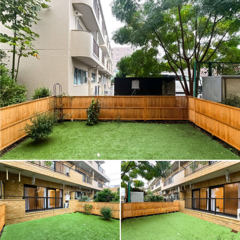 窓を開けるとドンっと広い専用庭が! 正面にある駐車場や隣戸からの視線は、植栽が和らげてくれています。