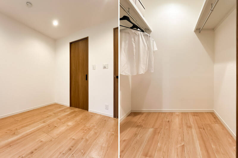 パイプハンガー付きの枕棚を2面に配した、ウォークインクローゼット(WIC)付きです。