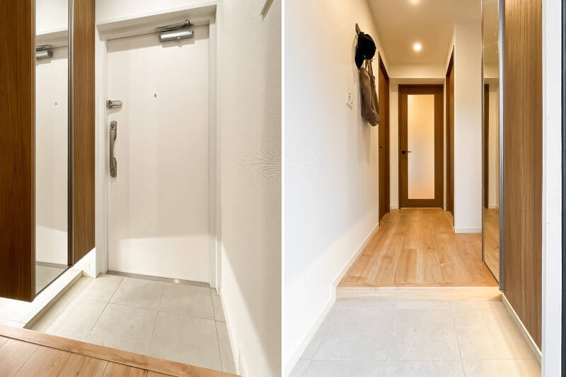 玄関はトールタイプのシューズボックス付き。お出かけ前にサッと身だしなみチェックができる姿見も付いています。