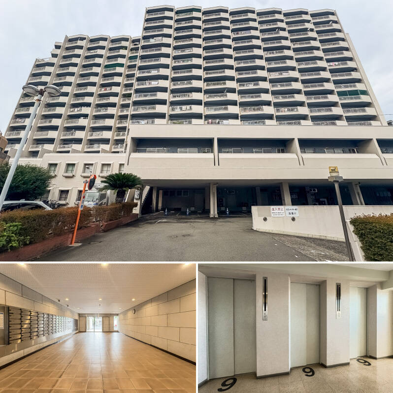 目黒通り沿いに佇む、1971年竣工のマンション。エントランスは裏通りに面しているため、交通量は比較的落ち着いています。オートロック付きで、エレベータは3基配備。