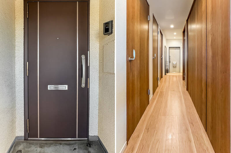 <b>左・</b>住戸は6階所在。/<b>右・</b>LDKを背にした廊下カット。洋室や水まわりへの扉がずらりと並んでいます。収納スペースもひとつ用意されていますよ。