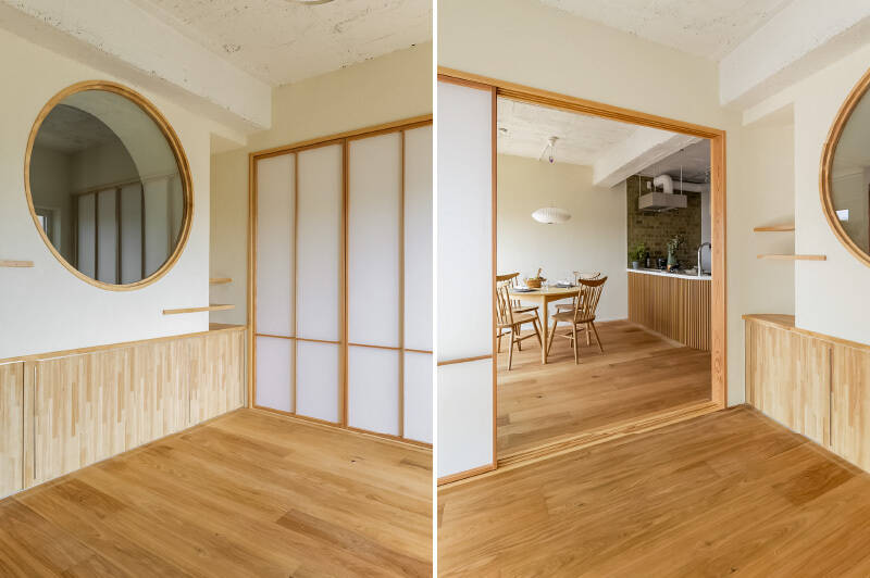 LDと反対側に設えられた障子は、和のテイストをプラスするアクセントウォール。円窓のサイドには、オープンラックが設けられています。