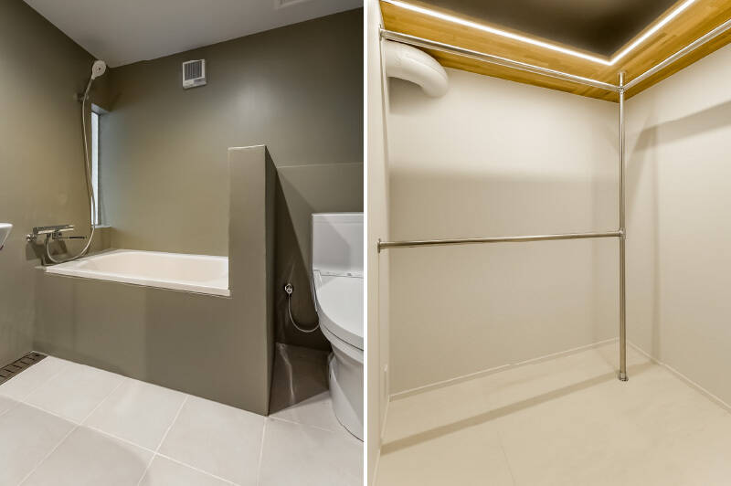 <b>左・</b>洗面・トイレ・風呂一体型のサニタリースペース。既存を利用しつつ、アースカラーで空間に統一感を持たせています。／<b>右・</b>サニタリーの向かい側には、ウォークインクローゼット（WIC）が。