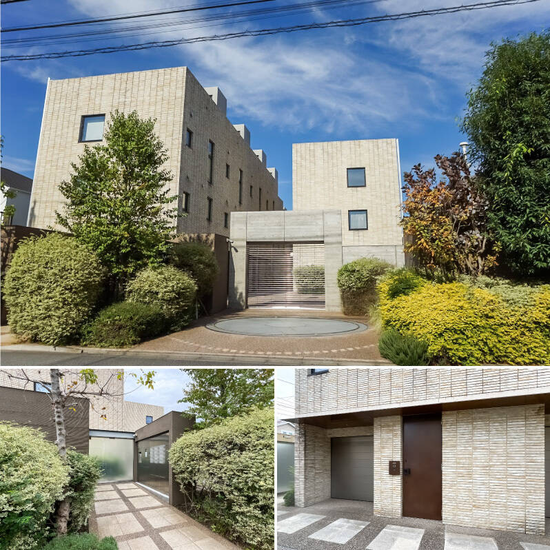 <b>上・</b>2014年竣工。閑静な住宅街に建つ総戸数14戸の低層レジデンスです。／<b>左下・</b>植栽に囲まれたエントランス。オートロック・宅配ボックスを完備。／<b>右下・</b>ご紹介する住戸の1階玄関扉前。