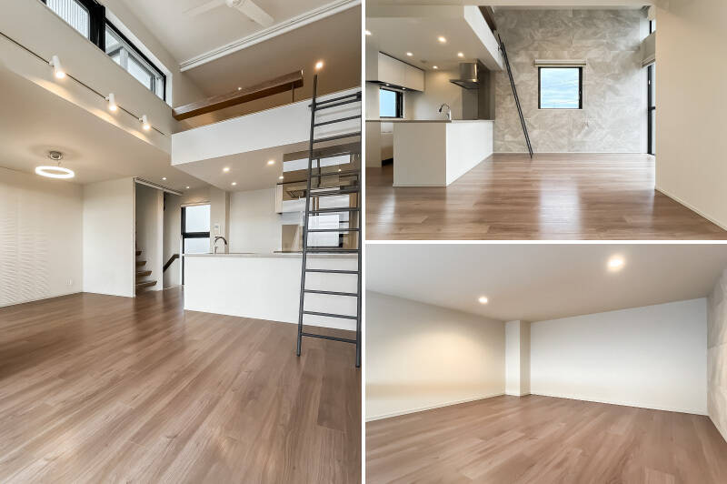 <b>左・天高約3.8m</b>の開放的な空間！／<b>右上・</b>キッチン上部にはロフトスペースが設けられています。／<b>右下・</b>約4.5帖のロフトスペース。収納やちょっとしたくつろぎスペースとして活用できそう。