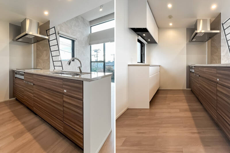 キッチンは、IHクッキングヒーター・食洗機を完備。背面には収納を設置済みです。