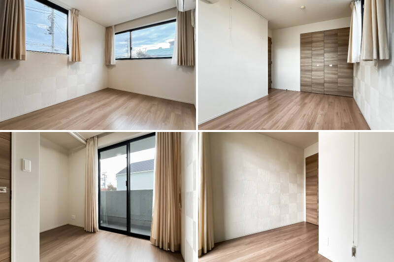 <p><b>上・</b>約6.6帖の洋室Aは、西と南の二面採光。折れ戸2枚分の収納を備えています。／<b>下・</b>約4.1帖の洋室Bは、西向きの窓の先にバルコニーが続きます。折れ戸1枚分の収納付き。</p>