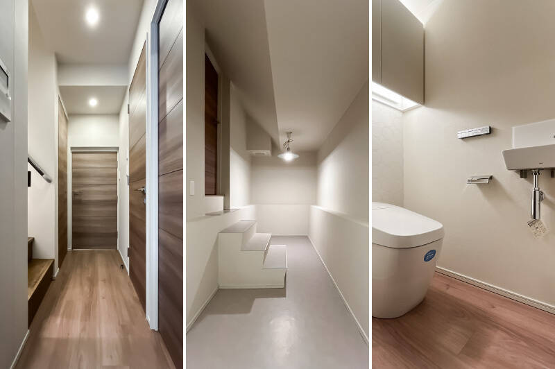 <p><b>左・</b>地下1階にも2つの洋室があります。写真正面の扉を開けると……／<b>中央・</b><b>約4.7帖ストレージルームが！ </b>物持ちな方でも、収納には困らなさそうです。／<b>右・</b>地下1階にもトイレが備わっています。こちらも、独立手洗い器・吊り戸棚付きです。</p>