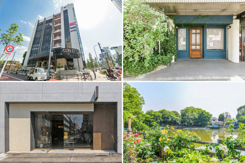 <b>左上・</b>マンションのお隣にはある「イオンスタイル 碑文谷店」は、日常のお買い物の心強い味方。生鮮食料品はもちろん、ワインやお惣菜なども充実しています。(徒歩2分)/<b>右上・</b>そのケーキの美味しさに、遠方からも通うファンがいるという「Patisserie JUN UJITA(パティスリー ジュンウジタ)」。来客を迎える日、家族の記念日など特別な日にご購入ください!(徒歩5分)/<b>左下・</b>ヴィンテージからリプロダクションまで、幅広いラインナップが魅力の家具屋「Lloyd’s Antiques Egoist(ロイズ アンティークス エゴイスト)」。(徒歩6分)/<b>右下・</b>大きな池を緑が囲む「碑文谷公園」。ペットの散歩はもちろん、お子さまとの遊び場所にもぴったりです。(徒歩7分)