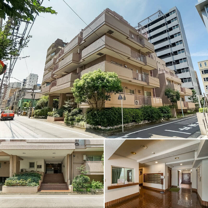 <b>上・</b>山手通りから一本奥に入った場所に佇む、総戸数31戸の建物。/<b>左下・</b>エントランスには階段があり、ロビーは実質1.5階レベルの位置に。/<b>右下・</b>共用ロビーは、渋いブラウンのタイルが印象的なクラシカルな装い。清掃が行き届いている印象です。