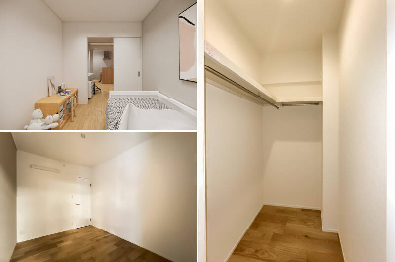 <b>左上・</b>CGイメージ。洋室Ｂはキッチンまわりから目が届きやすく、お子さまの遊び場としての使い方を想像しやすい空間。／<b>左下・</b>左の壁はアクセントでグレーのクロスが貼られています。／<b>右・</b>扉の中はWICです。