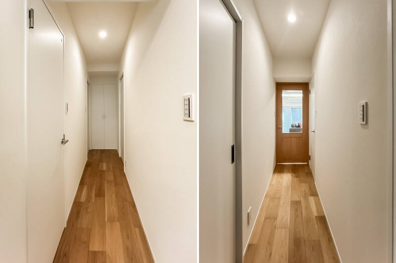 水まわりと洋室Ｃには、LDKからさらに廊下を挟んでアクセスする間取り。廊下の正面にも収納が備わっていますよ。