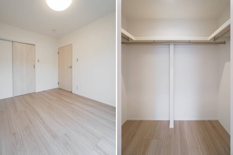 窓の反対側にはウォークインクローゼット(WIC)が。3面にハンガーパイプがあり、おふたり分の衣類でもまとめて収納できそうな大きさです。