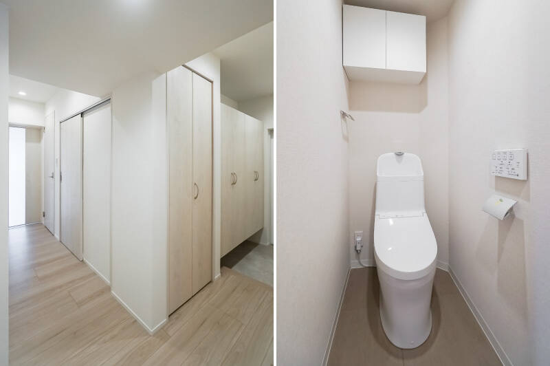 <b>左・</b>クランクした廊下の角から、LDK〜玄関を見渡したカット。廊下にも収納が設けられているのはありがたいですね!/<b>右・</b>トイレは吊り戸棚だけのシンプルなしつらえです。