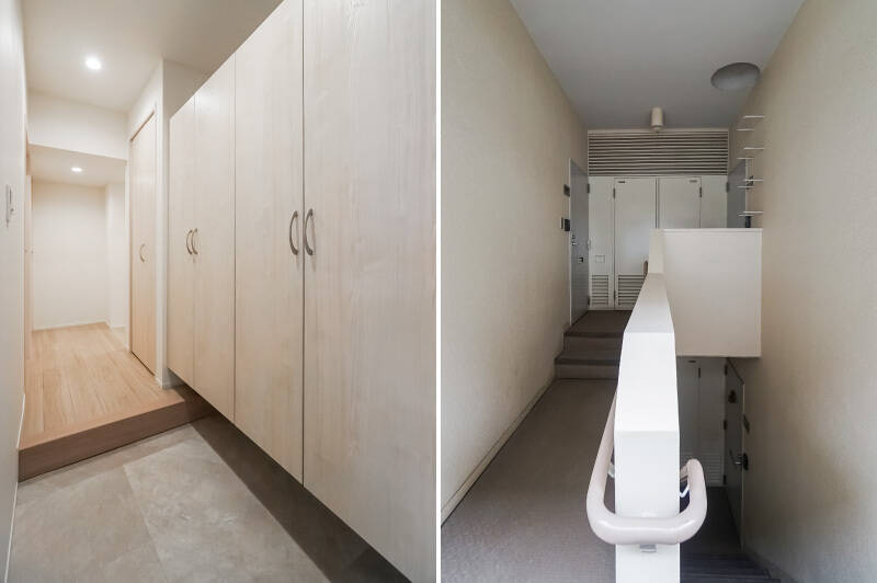 <b>左・</b>玄関には背の高いシューズボックスと物入れがあり、靴の収納場所には困らなさそう。/<b>右・</b>マンションのブロックごとに入口&階段が分かれているタイプの造りで、ご紹介の住戸(左側)とお隣の住戸で階段を分け合っています。