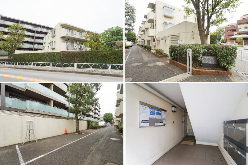 <b>左上・</b>1979年築の、ちょっと団地風の佇まいです。総戸数18戸と小規模なコミュニティなので、今後の修繕計画や資金繰りには目を光らせておく必要がありそう。/<b>右上・</b>通りから斜めに入ったところに、フラットなエントランスが。/<b>左下・</b>敷地の塀沿いに、平置きの駐車スペースが並んでいます。/<b>右下・</b>こちらがご紹介の住戸へ続くエントランス&階段。エレベーターのない建物のため、3階まで階段でのアクセスとなります。