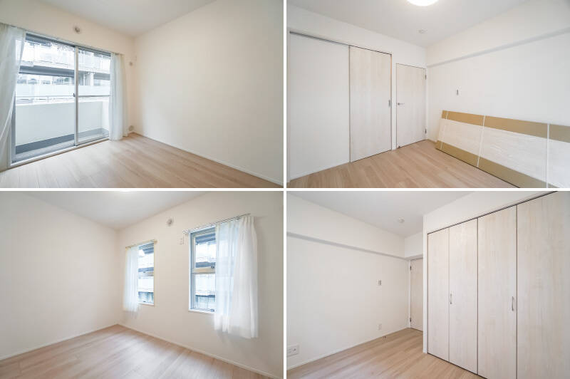 <b>上・</b>約5.4帖の洋室Bには、北向きの専用バルコニーとクローゼットが。バルコニーはお向かいのバルコニーと向かい合っているため、レースカーテンは閉めたまま過ごすのがデフォルトになりそう。/<b>下・</b>約4.6帖の洋室Cにも、同じく北向きの窓がふたつと、クローゼットが備わっています。