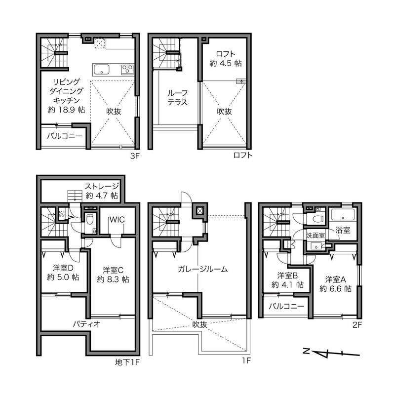 住戸は地下1階〜3階にルーフテラスが付いた、戸建て感覚で暮らせるメゾネットタイプです。ガレージ以外にも見どころがたくさんあるので、是非最後までチェックしてみてくださいね！