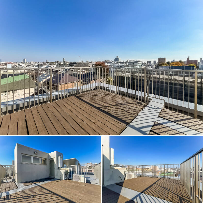 約18㎡のルーフテラス。取材日はお天気にも恵まれ、気持ちの良い青空が広がっていました。周辺は低層の住宅街なので、抜け感がある眺望です。