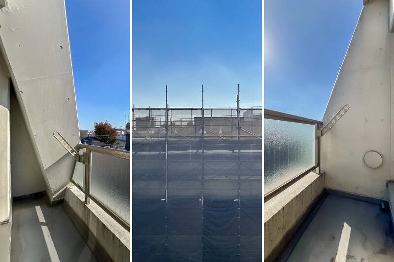 お向かいは3階建ての区営アパート。ちょうど取材時は大規模修繕の工事中でした。バルコニーはややコンパクトですが、上に上がれば大きなルーフテラスがあるので問題なし! 物干し金具が備わっています。