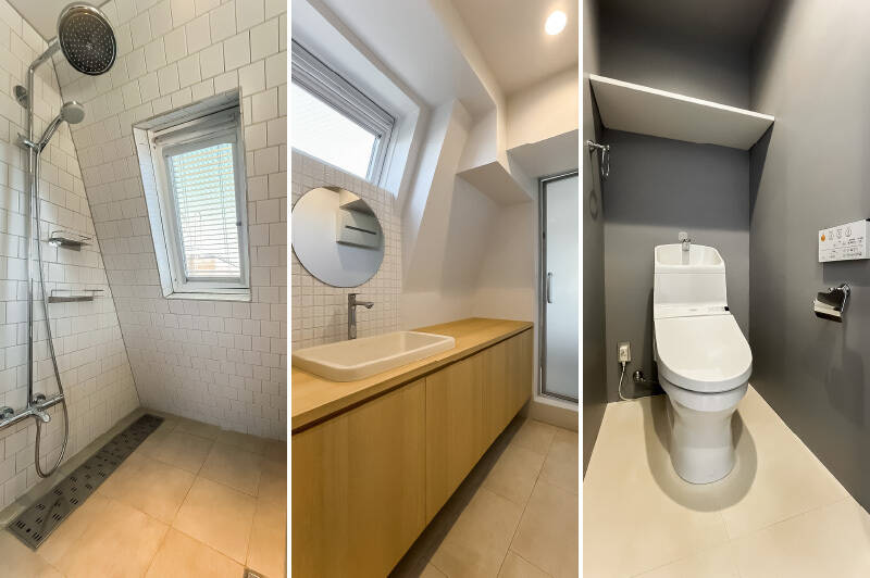 <b>左・</b>シャワーヘッドは2種類あり、海外のような仕様です。/<b>中央・</b>丸い鏡がチャーミングな洗面台。/<b>右・</b>グレーの壁で落ち着きのあるシンプルなトイレ。