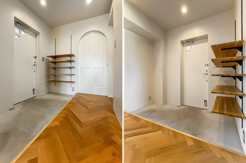 <b>左・</b>洋室Bの入口がアールになっていて可愛い。玄関には可動式のオープン収納が備わっています。/<b>右・</b>玄関土間はゆったりサイズ。ベビーカーやお子さまのキッズバイクなどを置けそうなゆとりがありますよ。