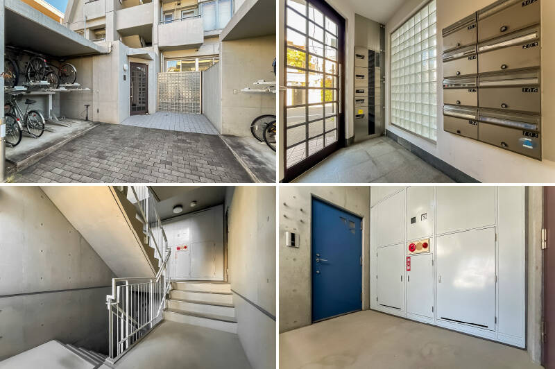 <p><b>左上・</b>アプローチ正面にはガラスブロックが。屋根付きの自転車置き場は月額300円〜1,500円で利用できます。/<b>右上・</b>エントランスはコンパクトですが、宅配ボックスとオートロックが備わっています。/<b>左下・</b>エレベーターがないため住戸がある3階までは階段でのアクセスです。/<b>右下・</b>各階2住戸なので、玄関前はゆったりしています。</p>