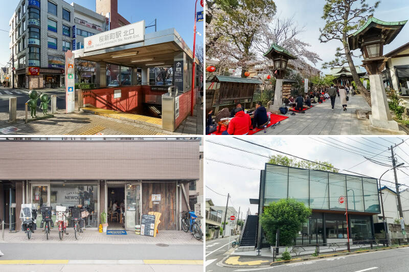 <b>左上</b>・“サザエさんストリート” で有名な「桜新町」。東急田園都市線での各駅電車にのれば渋谷駅まで4駅約11分です。/<b>右上・</b>売主さまは夜桜がオススメという「桜神宮」。(徒歩6分)/<b>左下・</b>美味しいハンバーガーが食べたくなったら「NEWOLD (ニューオールド)」へGO! カジュアルな雰囲気なので、お子さまと一緒でも気兼ねなく食事を楽しめそうです◎(徒歩4分)/<b>右下・</b>「OGAWA COFFEE LABORATORY(オガワ コーヒー ラボラトリー)」は、心地よい光が入る空間の中で、コーヒーや食事を楽しめるお店。(徒歩4分)