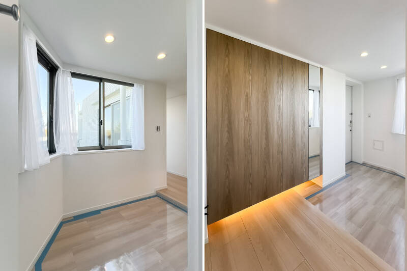 玄関ドアを開けた瞬間まばゆい光が……！ 土間はベビーカーを広げて置いておけそうなほど広く、下足入れもたっぷり扉4枚分。