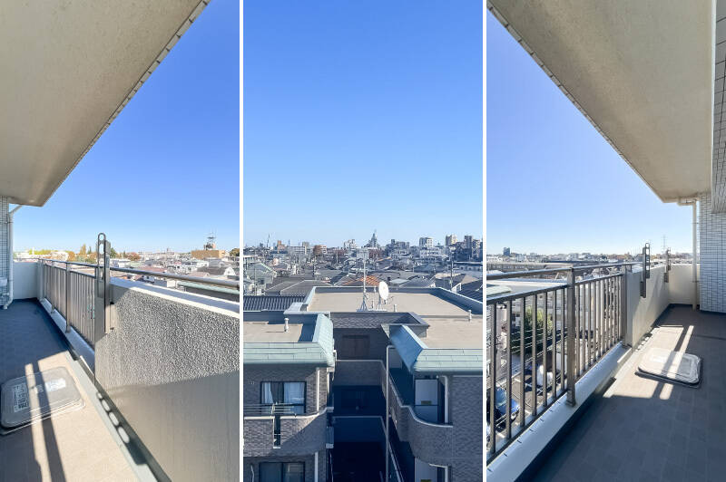 キッチン正面のサッシの先にはメインのバルコニー。スロップシンクが付いているので、汚れ物はここで洗っちゃいましょう！ 東向きなので、お洗濯物は早い時間帯から干すのがオススメ。