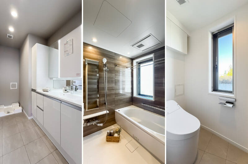 洋室Bのお隣に洗面脱衣室と浴室が。お風呂とトイレにまで大きな窓が付いているのですね……（感涙）。トイレには手洗いボウルも付いていますよ。