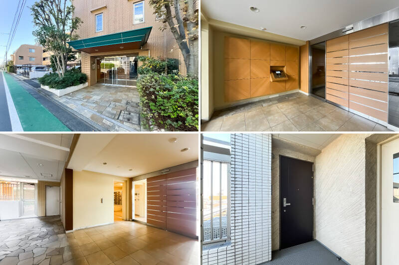 植栽に囲まれた爽やかなエントランス。オートロックに加え宅配ボックスも設置されています。エレベーターで最上階の5階に到着すると、すぐ横にご紹介した住戸の玄関ドアが。