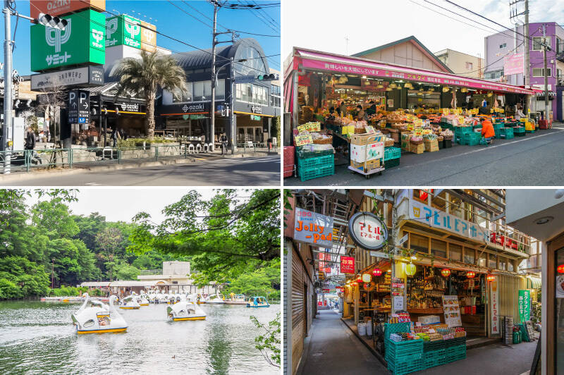 <b>左上・</b>“武蔵関エリア” でぜひ足を運んでいただきたいのが「オザキフラワーパーク」。ただの園芸店とあなどるなかれ、珍しい植物がたくさん揃っています！ 花台に植える植物はこちらで調達を！（徒歩9分）／<b>右上・</b>よくニュース番組で野菜高騰のインタビューに答えているスーパー「アキダイ 関町本店」。（徒歩7分）／<b>左下・</b>バスや自転車を駆使すれば “吉祥寺エリア” も射程圏内！「井の頭恩賜公園」で癒されましょう。（徒歩45分、自転車約15分、徒歩とバスで約28分）／<b>右下・</b>ハシゴ酒を楽しみたい時は「ハーモニカ横丁」へGO！ バスに揺られて帰宅しましょう。（徒歩40分、徒歩とバスで約22分）