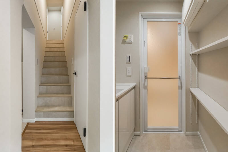 <b>左・</b>3階への階段はちょっと急なので足元にご注意を。左手前は洗濯機置き場、右手前が水まわりです。／<b>右・</b>水まわりのドアを開けたところでパシャリ。ご覧の通り、脱衣スペースはかなりタイトですので、その点には割り切りが必要そう。