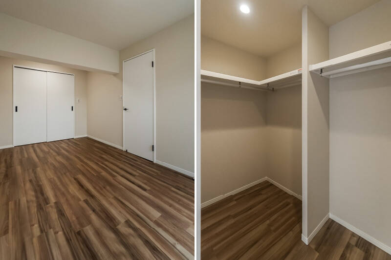 <b>左・</b>窓の反対側には収納が。押入れのような引き戸を開けると……／<b>右・</b>ドーンと頼もしいサイズのウォークインクローゼット（WIC）が！ 