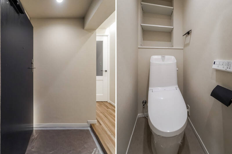 <b>左・</b>玄関からLDKを見たカット。内開きになった玄関扉（左手）の裏にシューズボックスがあります。／<b>右・</b>LDKの手前にあるトイレ。壁面の可動棚に本を並べて「myお手洗い文庫」を作りたくなりますね……！